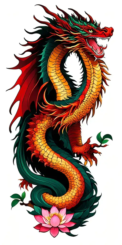 Dragon Lotus And Cherry Blossom Tree