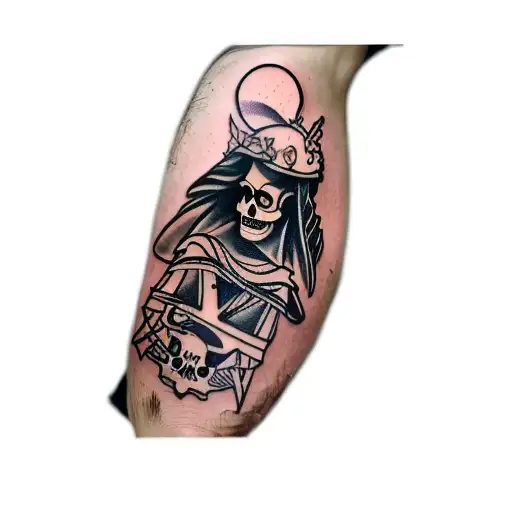 Tarot Card Tattoo With A Woman Skull Totem On Her Head