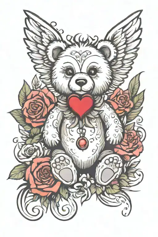 Create A Colourful Tattoo Design Of A Teddy Bear With Angel Wings And A Heart Gem