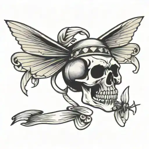 Skull With Two Flies And A Banner Wrapping