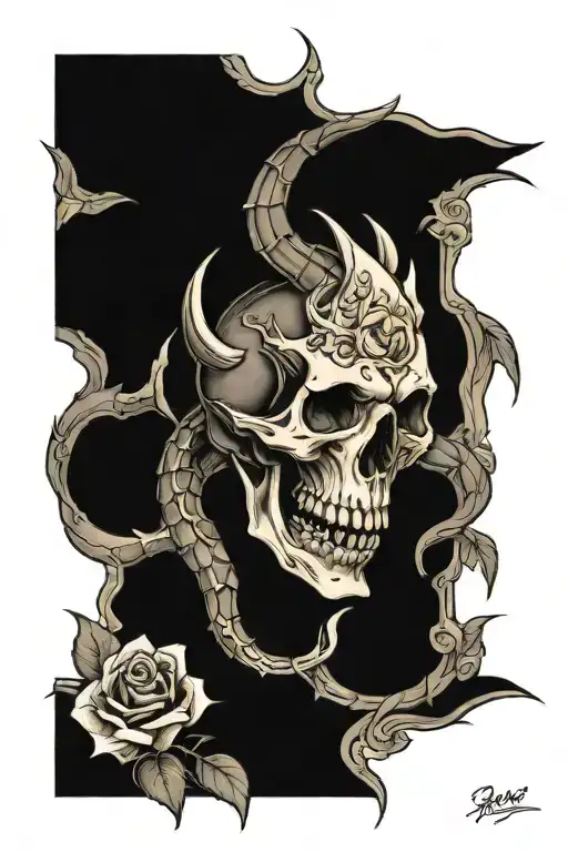Dragon Skull And Roses Blooming