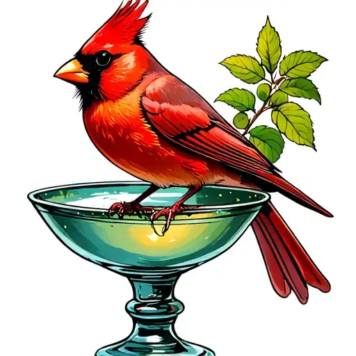 Cardinal In A Bird Bath That Is A Martini Glass