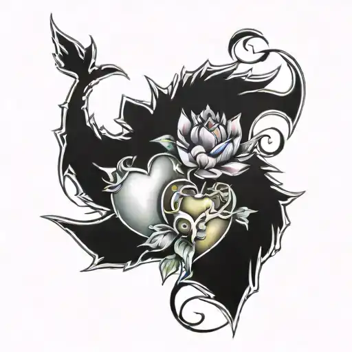 Twin Dragons Wrapped Around A Sacred Heart With A Lotus Blossom