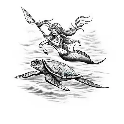 Mermaid Riding A Sea Turtle With A Trident Pointing Up