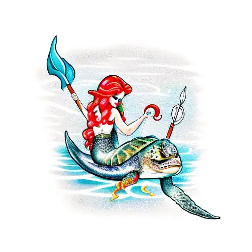 Mermaid With Firey Red Hair Riding A Sea Turtle With A Trident Pointing Up
