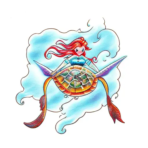 Mermaid With Firey Red Hair Looking Up And Riding A Sea Turtle With A Trident Pointing Up
