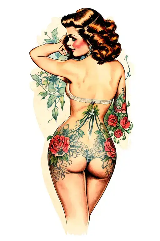Pin Up Girl With Her Back Facing Forward Looking Over Shoulder With No Top On Wearing A Thong