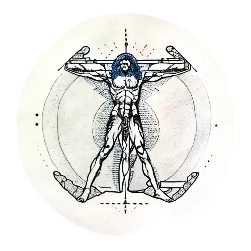 Vitruvian Man With Ancient Roman Scriptures On The Top And Bottom Around It