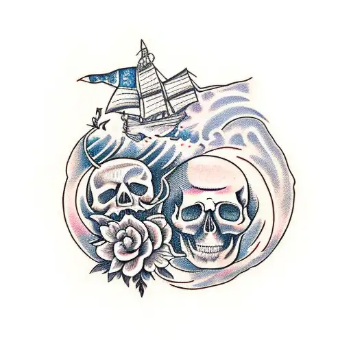 Skull And Cresent Moon And Flowers