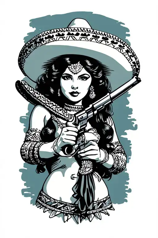 Mexican Girls With Sombrero And Revolver Gun