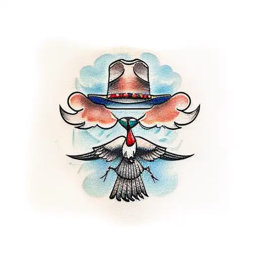 An American Traditional Style Tattoo Of A Cowboy Hat With A Crane Flying Above It
