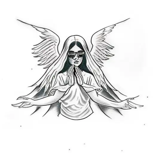 Angel Girl Praying With A Cross Between Her Hands While She Stays On The Moon