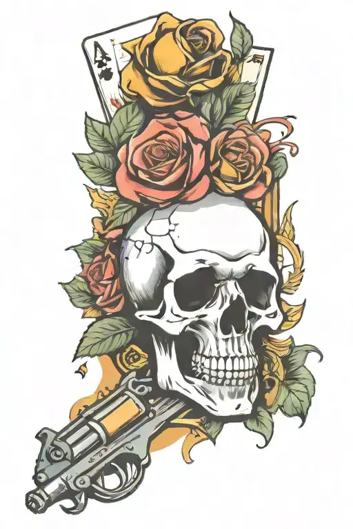 Skull Roses Poker Cards Dice Revolver Gun
