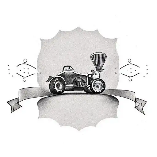 A Minimalist Tattoo Of A Car Driving Along A Winding Road With Musical Symbols Floating Above It