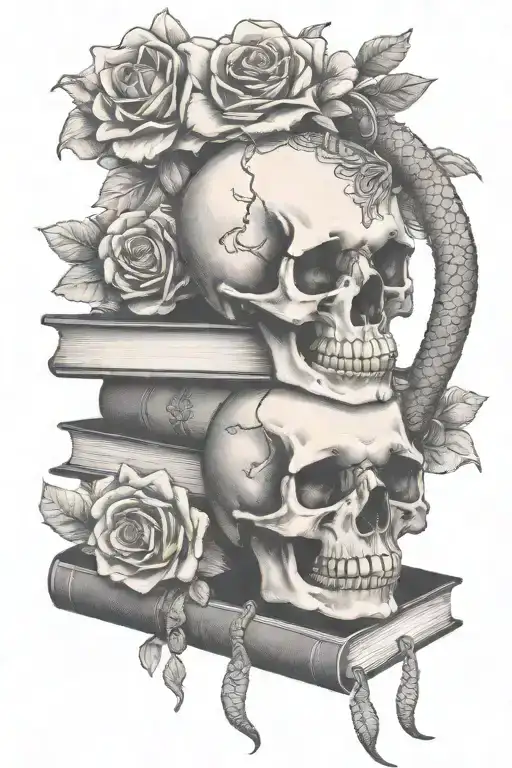Stack Of Books With Skull And Snake On Top With Flowers