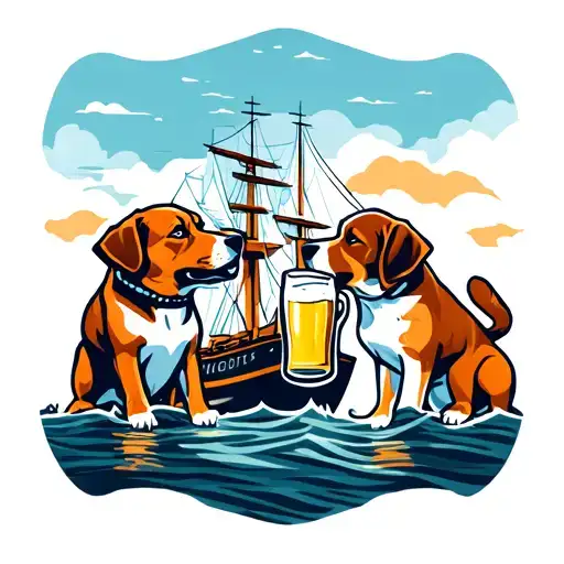 Dogs Drinking Beers With Container Ship In Background