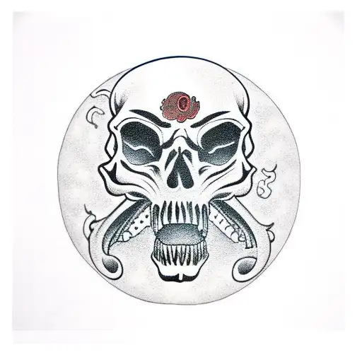 Skull With A Japanese Dragon Coming Out Of The Mouth With A Suminagashi Background