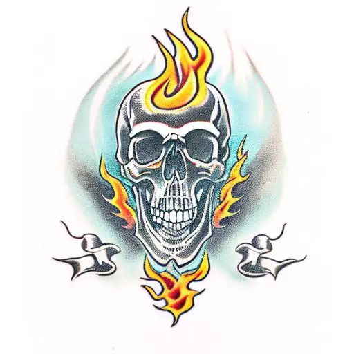 Skull Facing Forward With Flames For Hair And A Dagger In Its Teeth