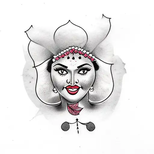 Pin Up Of A Chubby Indian Woman Laying On Black Dahlia Flowers