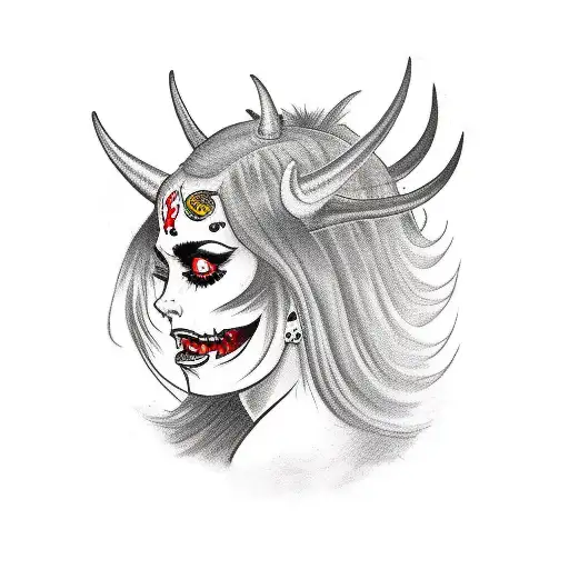 Demon Girl Side Profile Face Turned Horns Black White And Red No Background