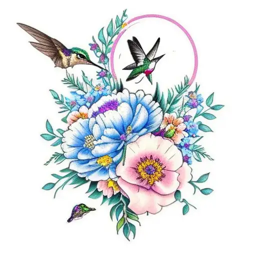 Flower Bouquet With Larkspur Peonies And A Hummingbird