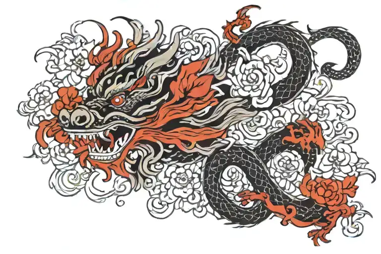 Black White And Red Chinese Dragon With Flowers On Chest