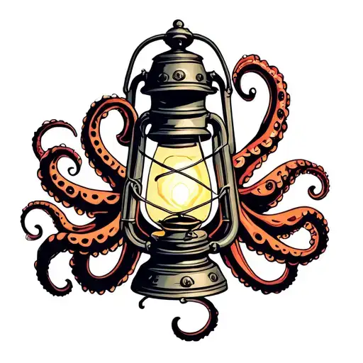 Lantern Wrapped In Old School Tattoo Octopus