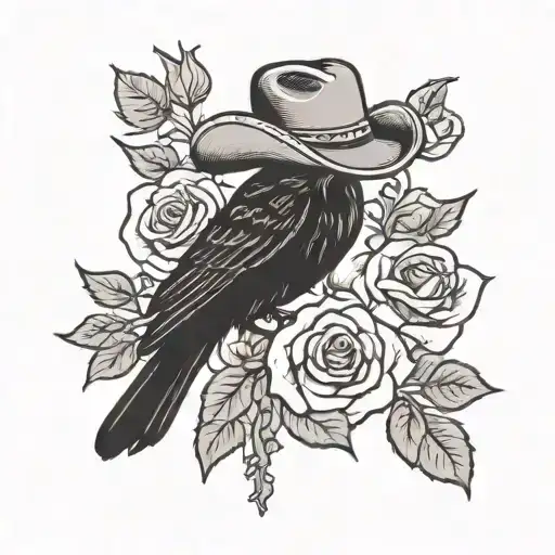 Crow With Cowboy Hat With Rose Surrounded