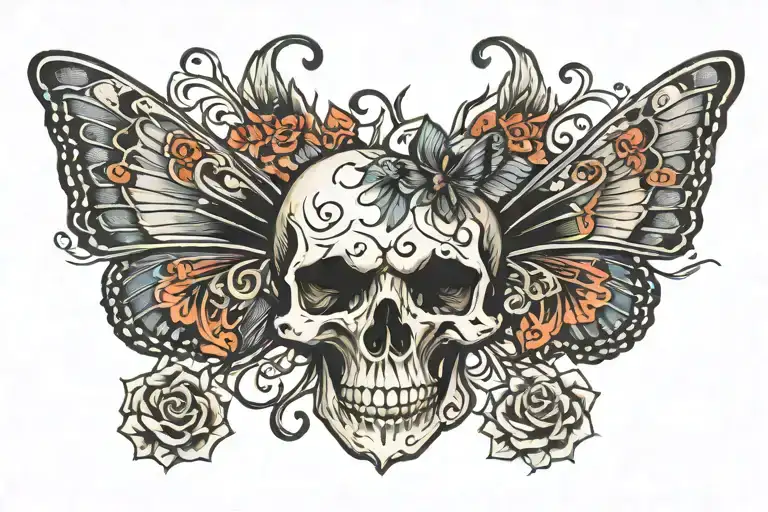 Butterfly Skull Tattoo Surrounded By Lost Souls Floating Away