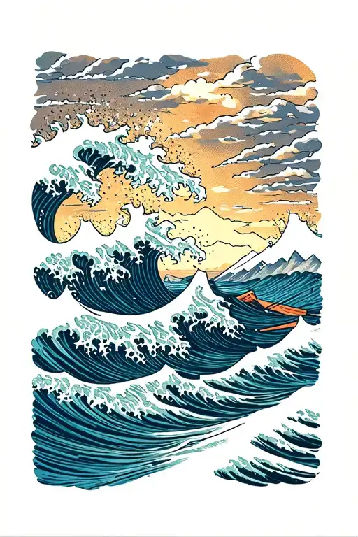 Ocean Tide Waves Ski Mountains In Background