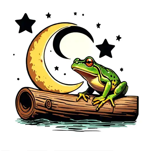 Frog Laying On A Log Looking At The Moon And Stars Shaped As A Semicolon