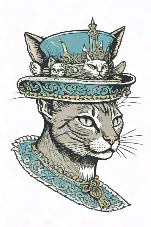 Abyssinian Cat With A Queen Figure On His Head And A White British Cat With A Wok Plate On His Head