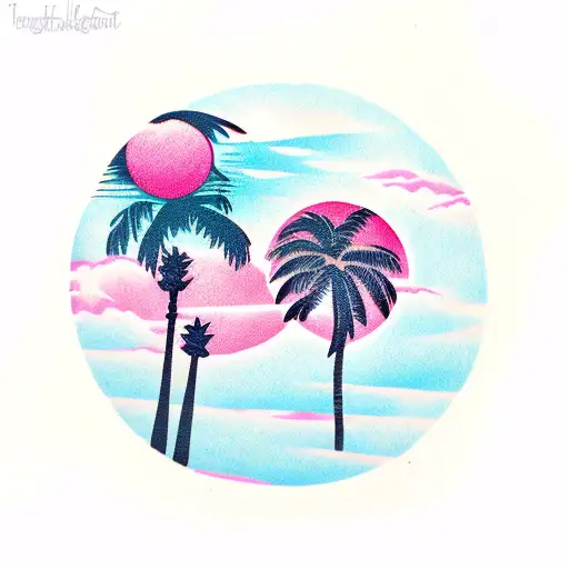 Two Palm Trees In A Sunset With Birds Flying