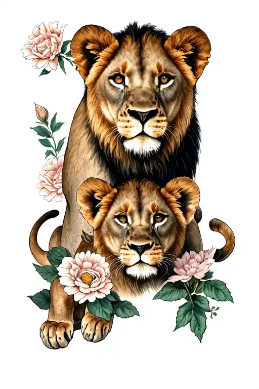 Lioness 2 Lion Cubs Flower