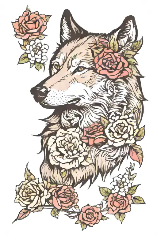 Wolf Blended By Roses And Mayflowers
