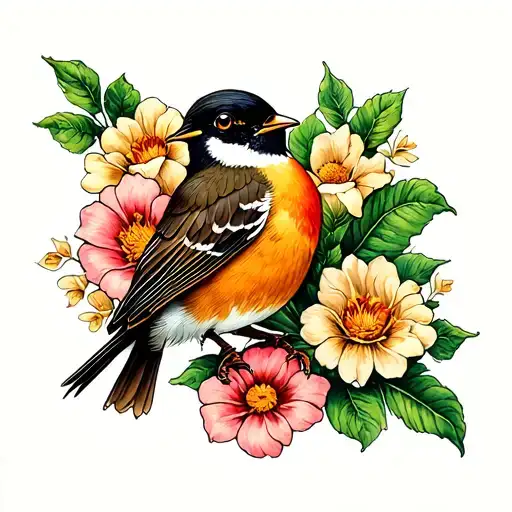 Robin Bird And Flowers