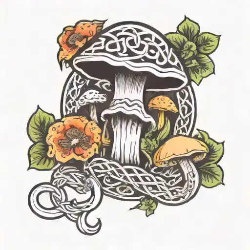 A Celtic Knotwork Design Incorporating Mushrooms And Fire