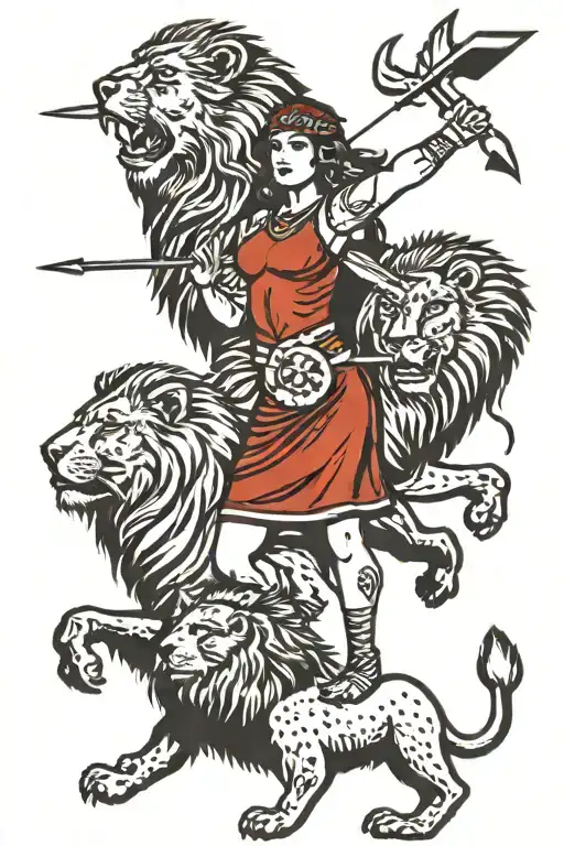 Women Protecting Lion From Arrows Pointing Towards