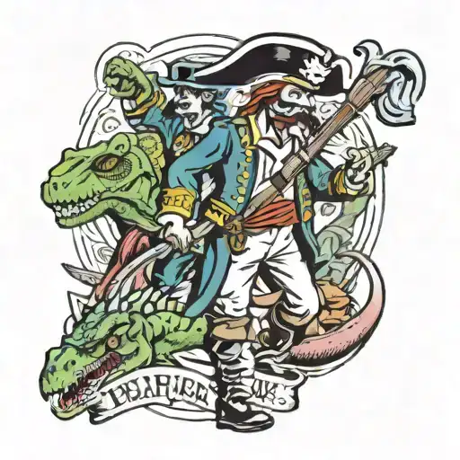 A Fierce Pirate Captain Leading A Crew Of Dinosaur Sailors On A Treasure Hunt