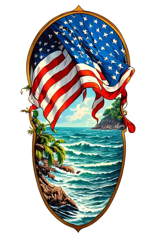 American Flag And Ocean Scene