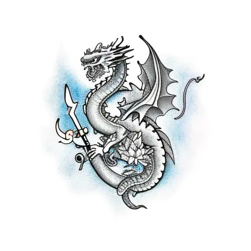 Dragon With Lotus Flowers And A Sword