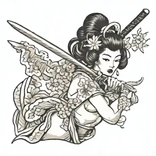 Nude Geisha Holding A Katana