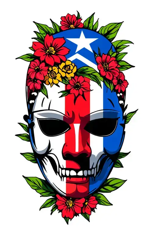Puerto Rico Vejigante Mask With Flag And Flowers Of Puerto Rico