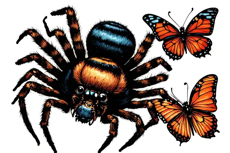 Spider And Butterflies Intertwined