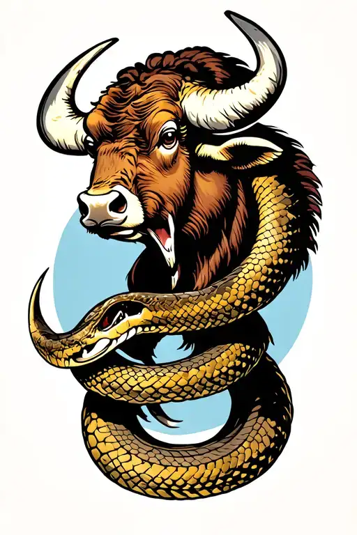 American Traditional Buffalo Head Being Chocked By A Snake