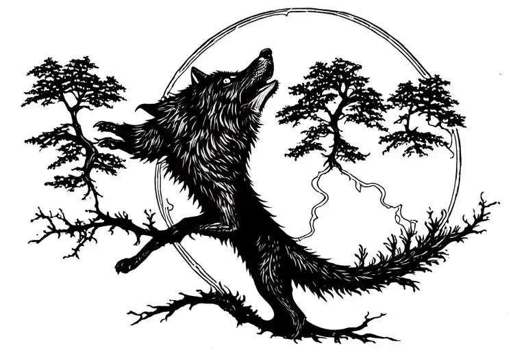 Wolf Howling At The Moon Tree Growing