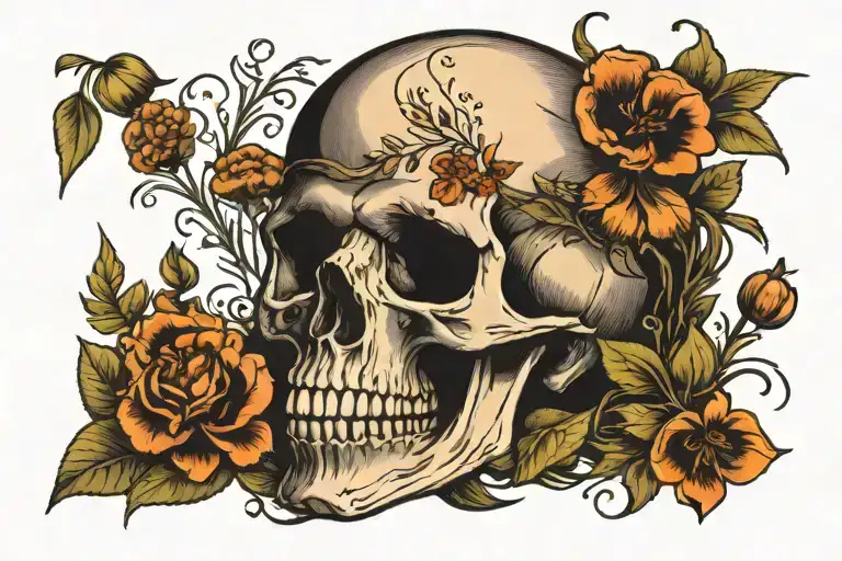 Skull And Wildflowers And Mushrooms Growing From It