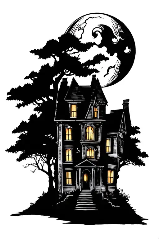 Haunted House In Front Of Moon