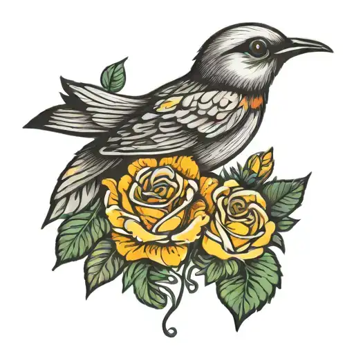 A Traditional Tattoo Design Of A Bird Carrying A Rose And Marigold In Its Beak