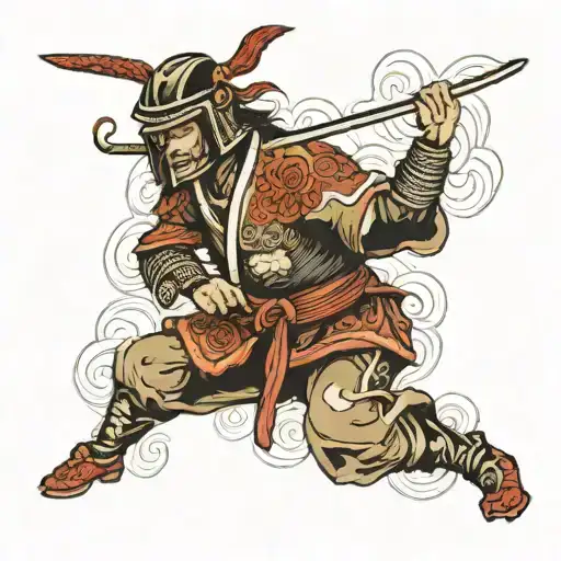 A Sports-themed Tattoo Featuring A Samurai Warrior Engaged In A Martial Arts Battle